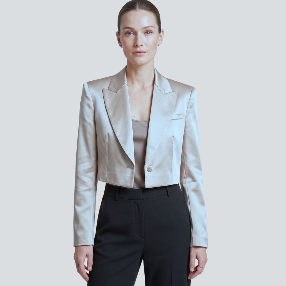 Zara Cropped Satin Blazer Metallic Beige/Gray Jacket Notch Lapel Size M